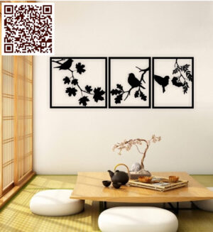 Set of 3 black metal panels featuring bird silhouettes on branches, displayed in a minimalist room with Japanese-inspired decor.