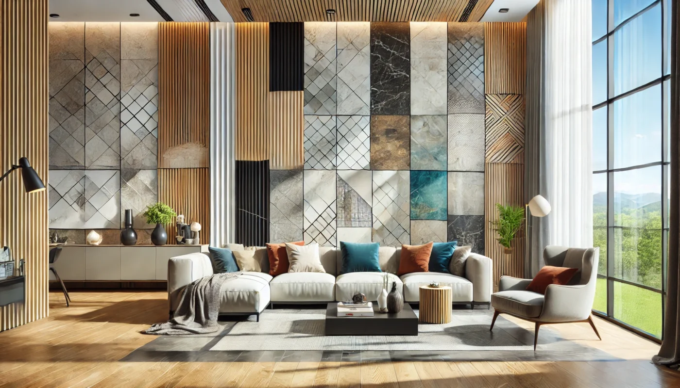 Bright and modern living room with various types of decorative wall panels.