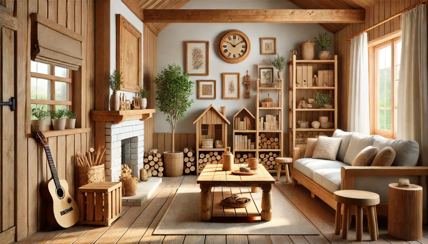 Cozy cottage living room with wooden furniture and accessories, including a rustic coffee table, bookshelves, wooden picture frames, a clock, and potted plants. Warm lighting and a fireplace enhance the inviting atmosphere.