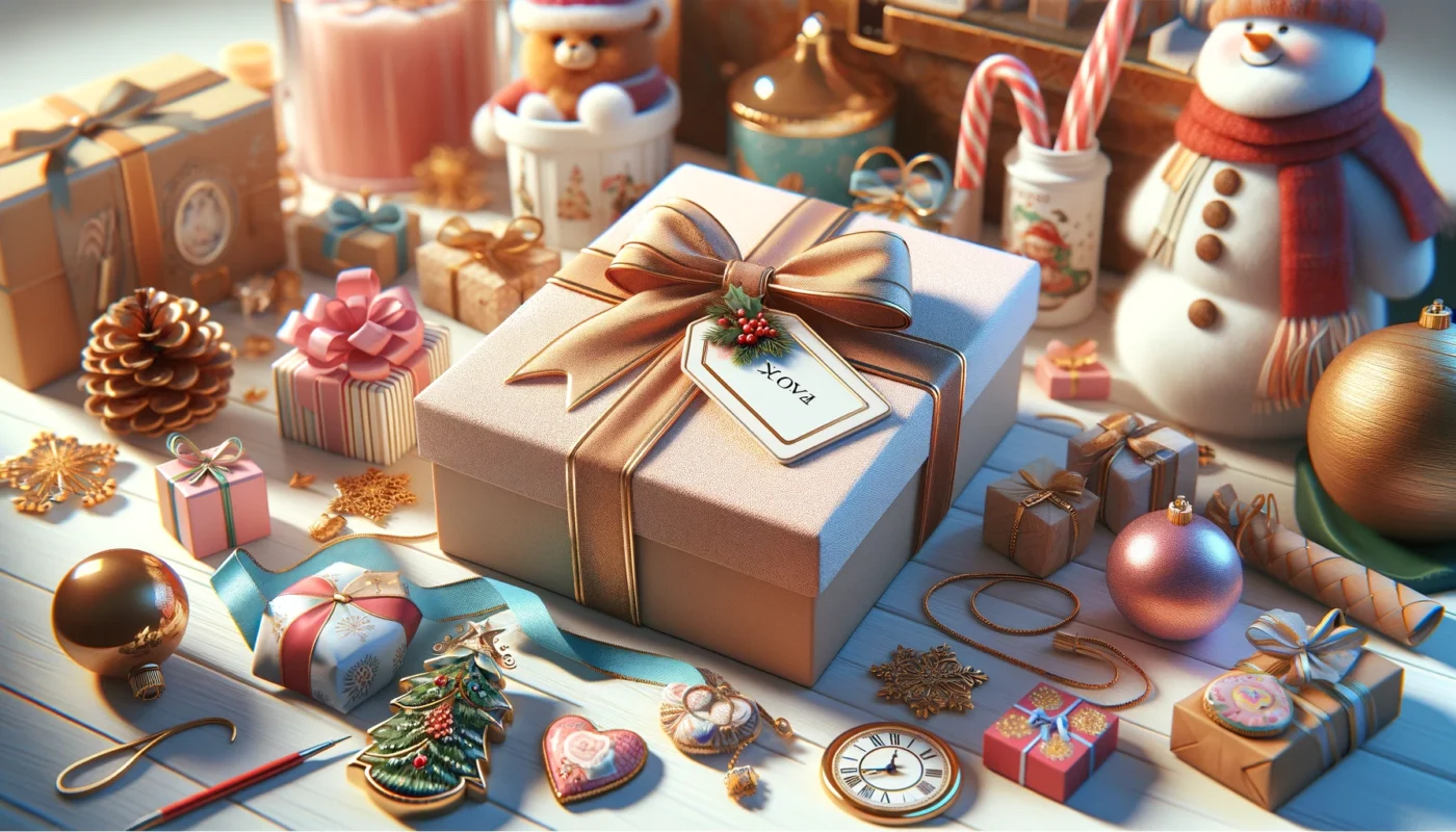 A beautifully wrapped gift box with a personalized tag surrounded by various souvenirs for different occasions.