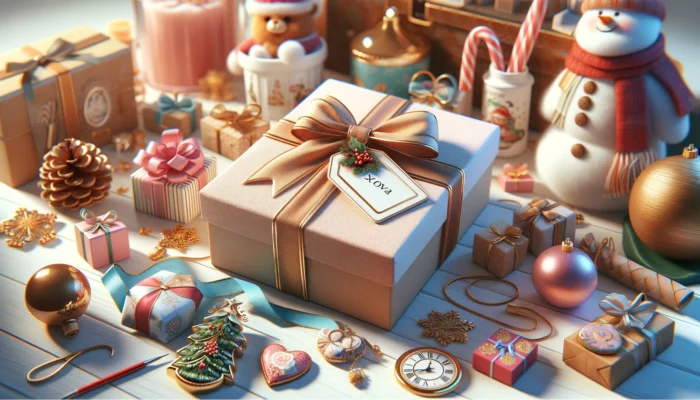 A beautifully wrapped gift box with a personalized tag surrounded by various souvenirs for different occasions.