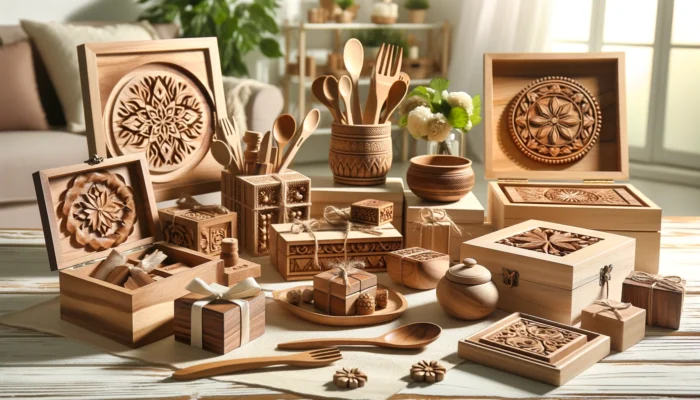 A display of unique wooden gift items including carved wooden boxes, personalized plaques, stylish utensils, and elegant jewelry.