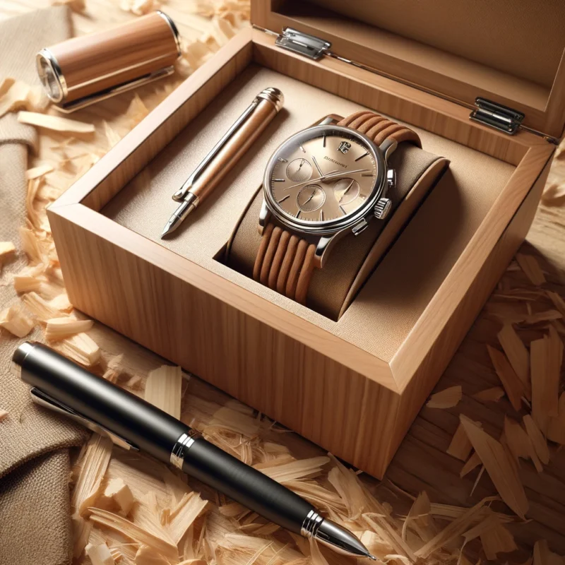 An elegant single watch resting on wooden shavings inside an open wooden box with a high-quality pen beside it.