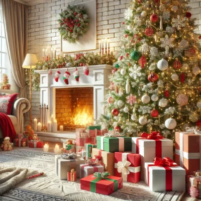 A cozy Christmas setting with a decorated tree and wrapped presents under the tree.