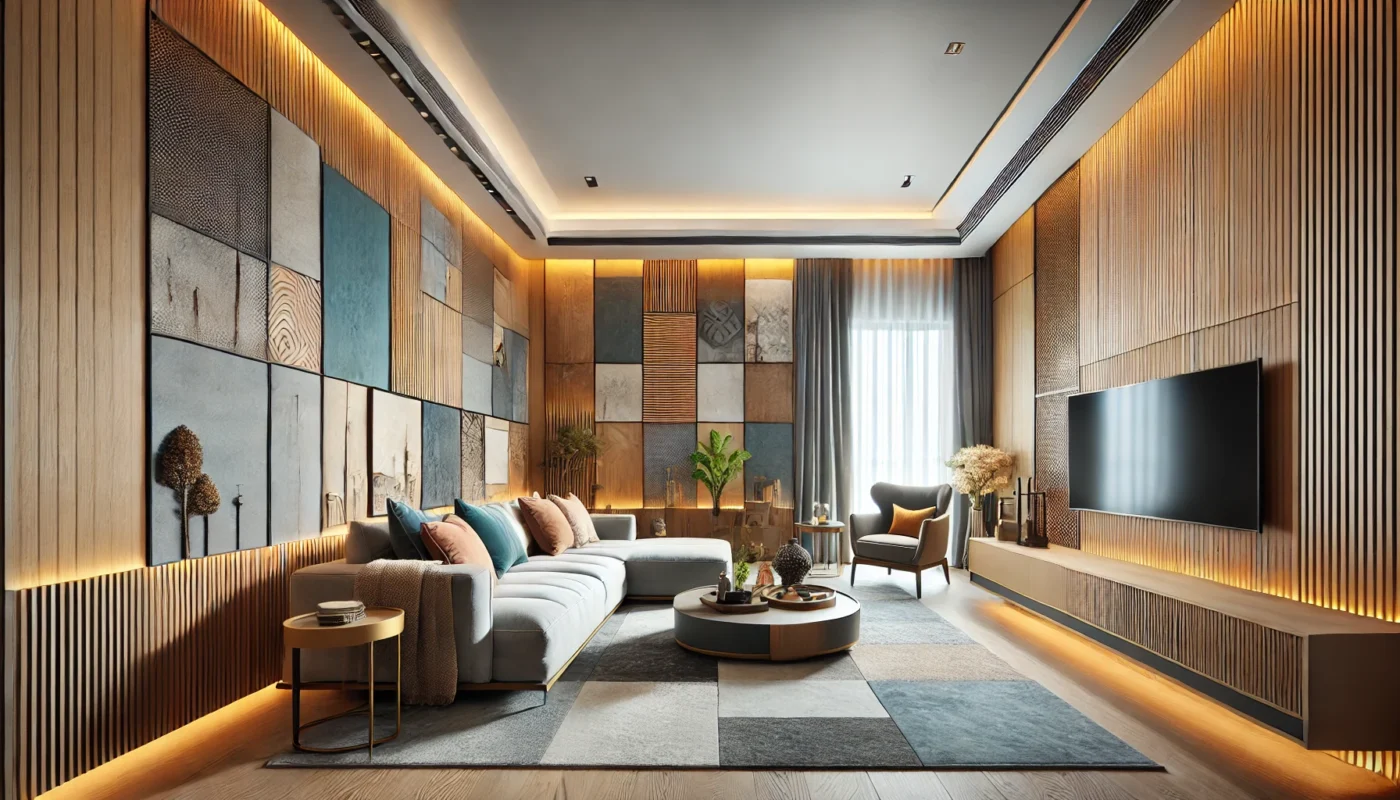 Modern living room decorated with various types of decorative panels