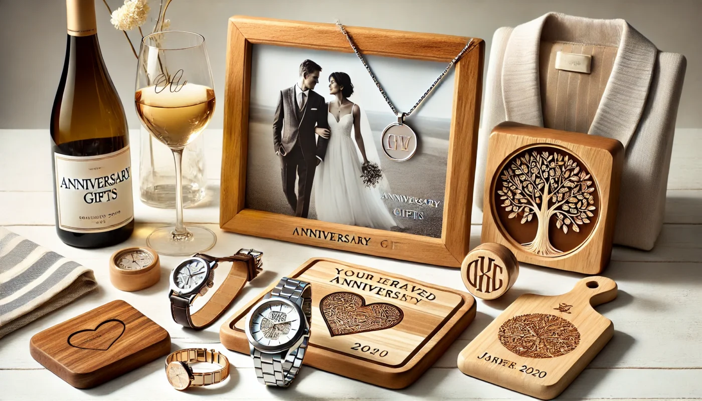 A collection of beautifully engraved anniversary gifts, including a personalized silver necklace with initials, a custom engraved wooden photo frame with a wedding photo of a man and woman, a monogrammed wine glass, a finely crafted watch with an engraved message, and a wooden cutting board with an engraved heart.