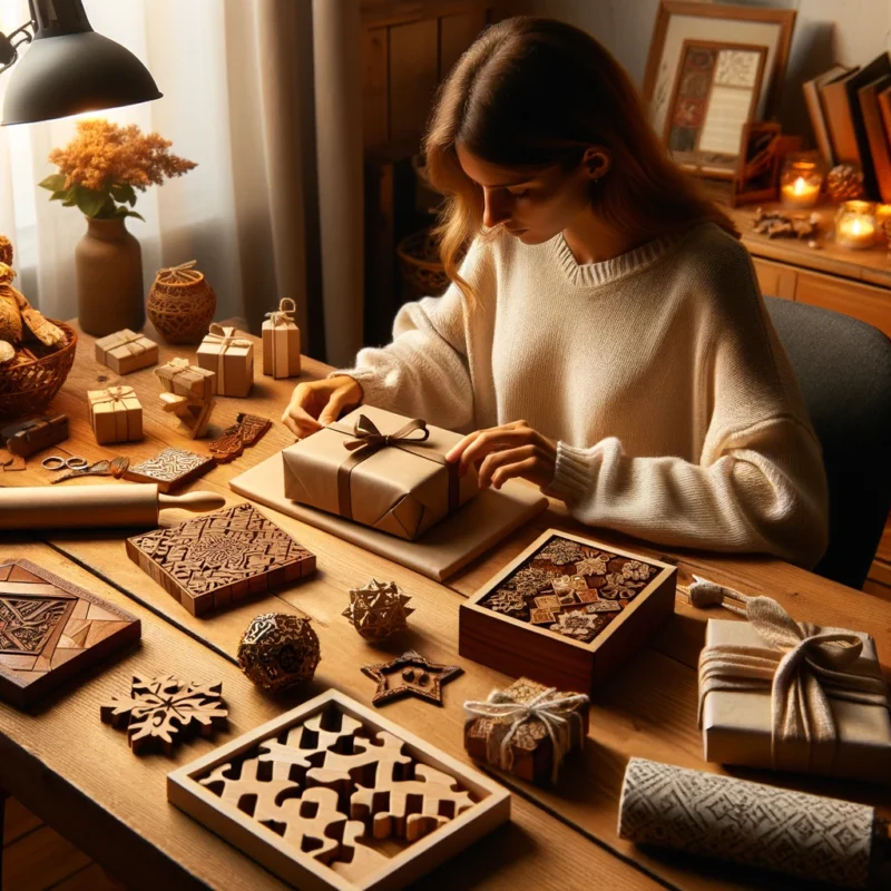 Person wrapping a handmade gift, surrounded by wooden puzzles and bespoke jewelry, embodying personalized gift-giving.