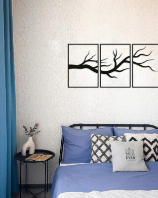 Art mural élégant en forme de branche d'arbre dans une chambre à coucher moderne