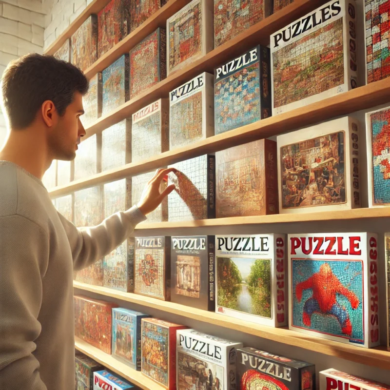 Person selecting a puzzle from a shelf in a cozy room.