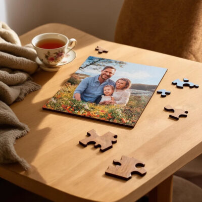 A partially completed custom wooden puzzle on a wooden table, featuring a photo of a smiling family outdoors. Scattered puzzle pieces and a cup of tea add to the cozy atmosphere.