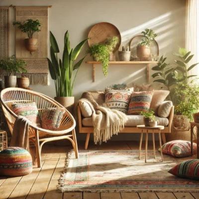 A cozy boho-style living room with wooden furniture, rattan chairs, and plants.