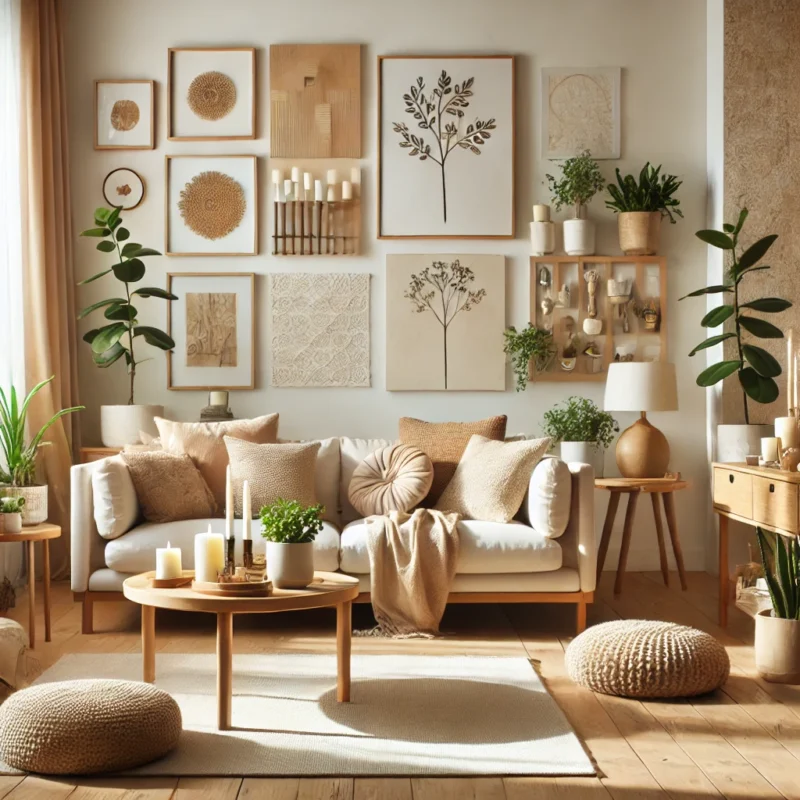 A modern living room featuring natural wood furniture, soft cushions, warm lighting, and plants, creating a cozy and inviting atmosphere.