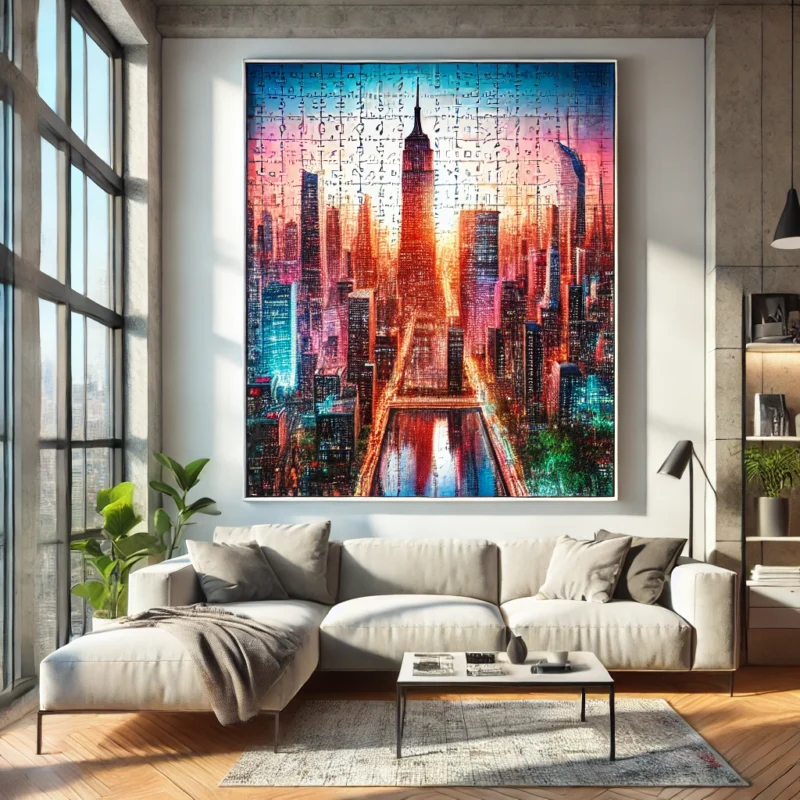 A brightly lit living room with a large, framed jigsaw puzzle of a cityscape hanging on the wall, emphasizing the transformation of puzzles into art.