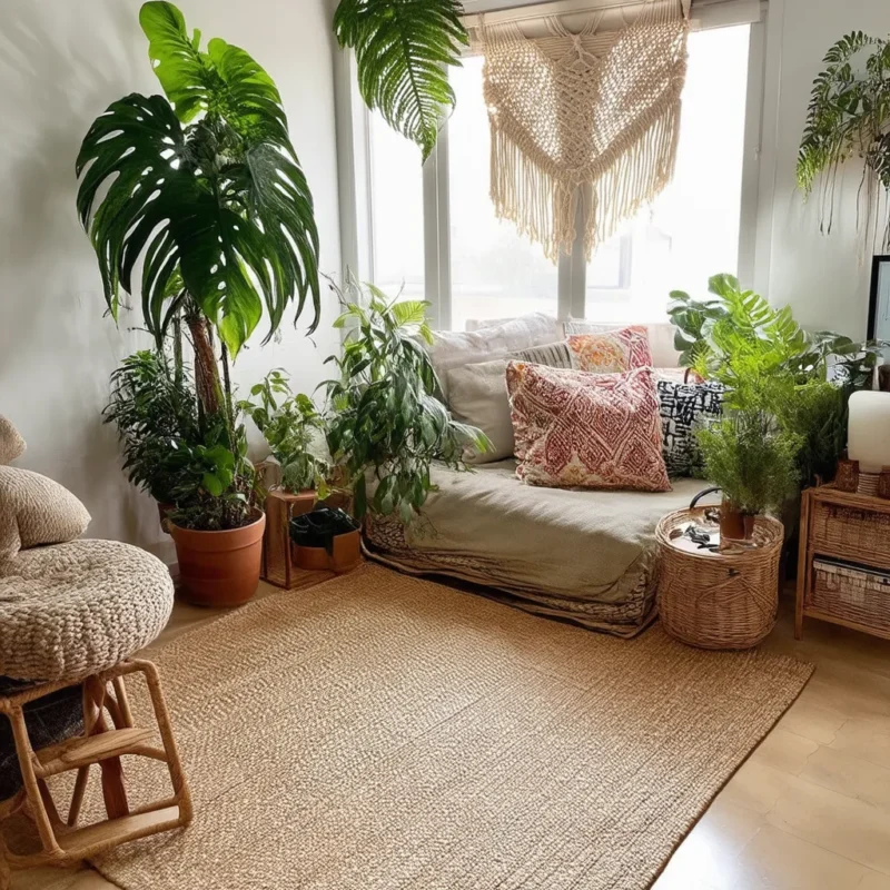 Un salon confortable de style bohème avec un coin rempli de plantes luxuriantes, dont un grand monstera et diverses petites plantes en pot. La pièce est agrémentée d'une tenture murale en macramé, de meubles aux tons neutres et de coussins aux motifs ethniques, créant ainsi une atmosphère chaleureuse et accueillante. 