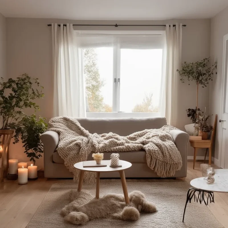 Un salon confortable avec un canapé beige clair recouvert d'une couverture en maille épaisse, entouré d'un éclairage doux provenant de bougies et de verdure naturelle. Une petite table basse est placée devant, sur un tapis en peluche. 