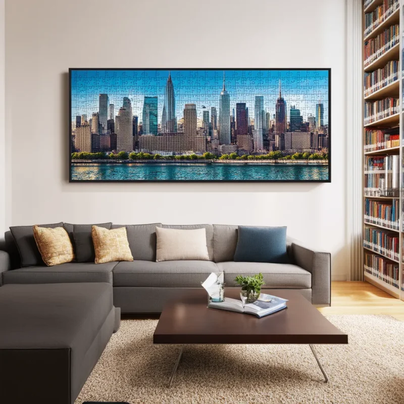 Framed jigsaw puzzle of the New York City skyline displayed in a modern living room with a large gray sectional sofa and a library bookshelf on the right side.