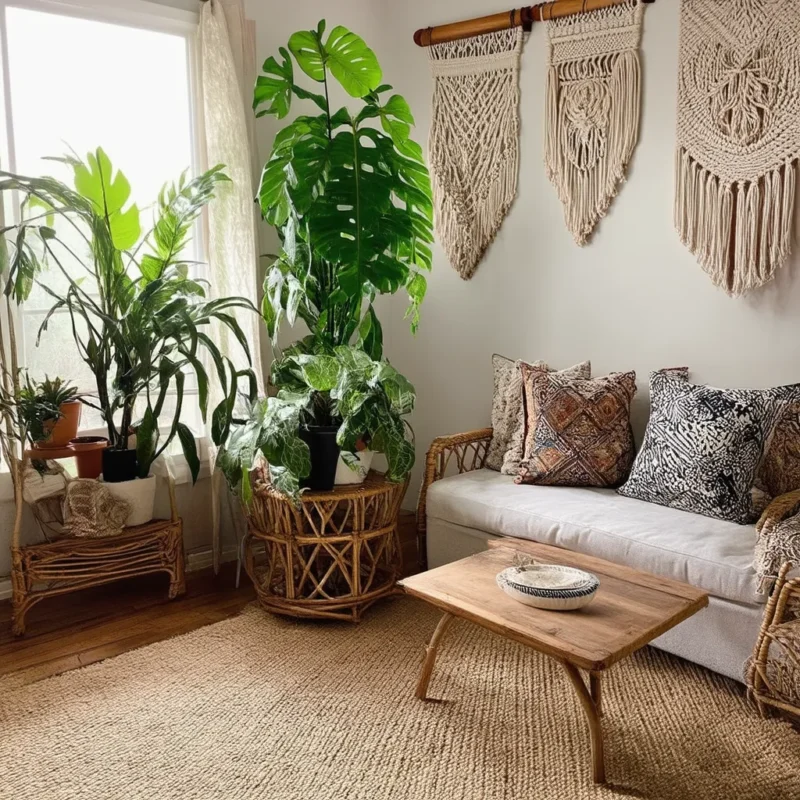 A boho-style living room featuring a rattan sofa and side table, large potted plants like monstera, and decorative macramé wall hangings. Earth-toned cushions and a wooden coffee table complete the natural and cozy atmosphere.