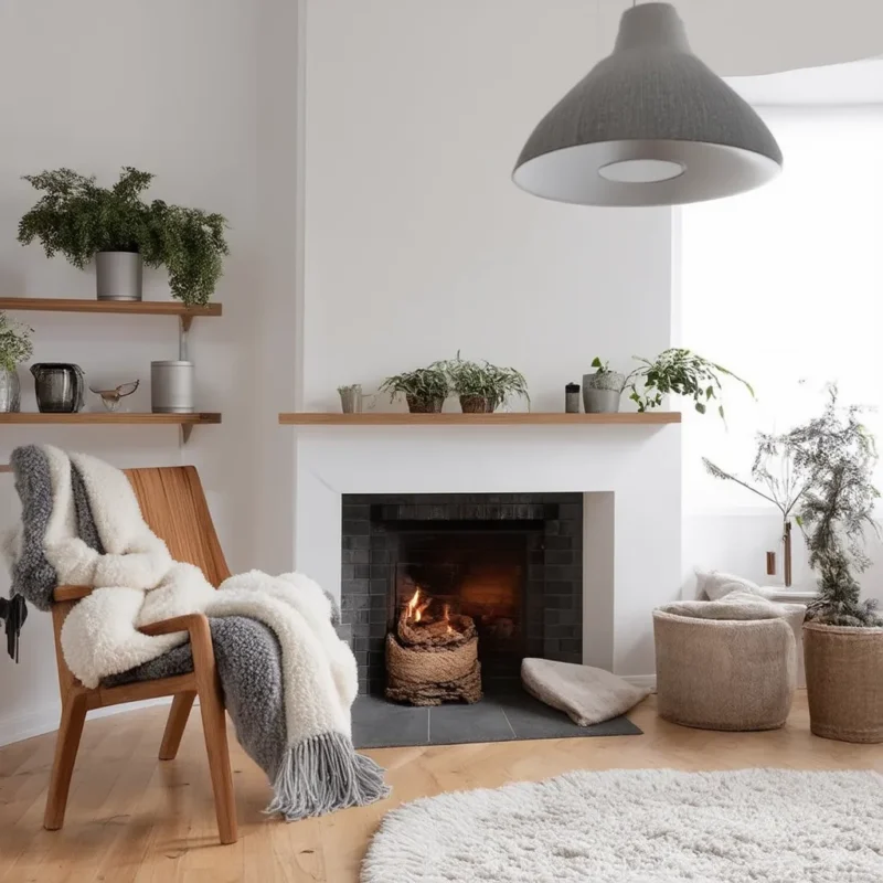 A cozy living room with a fireplace, wooden chair, and soft blankets, creating a warm and inviting atmosphere. The room is decorated with plants and minimalist decor.