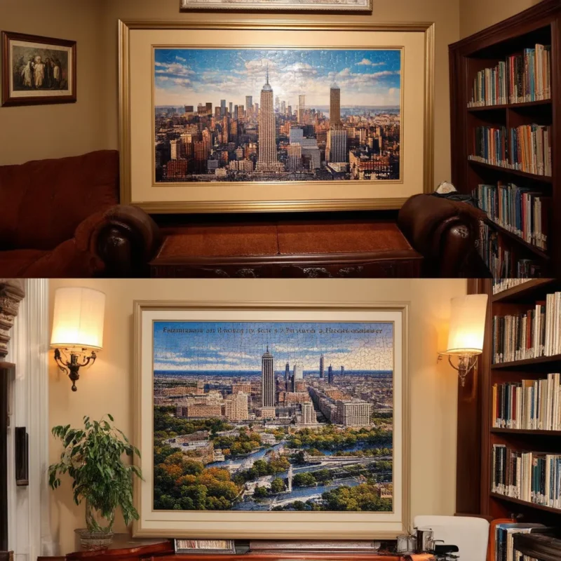 Two large framed jigsaw puzzles, one showing the Empire State Building and the other depicting a historic landscape, both displayed in cozy, traditional interiors.