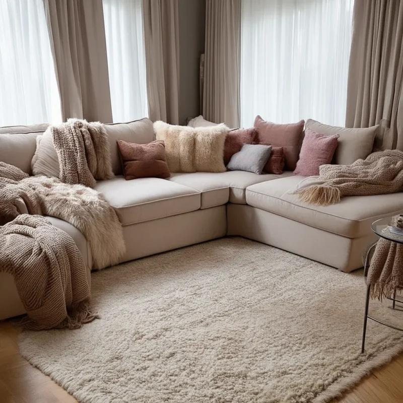 A large sectional sofa covered with soft pillows and blankets in warm, neutral tones, placed on a plush area rug in a cozy living room.