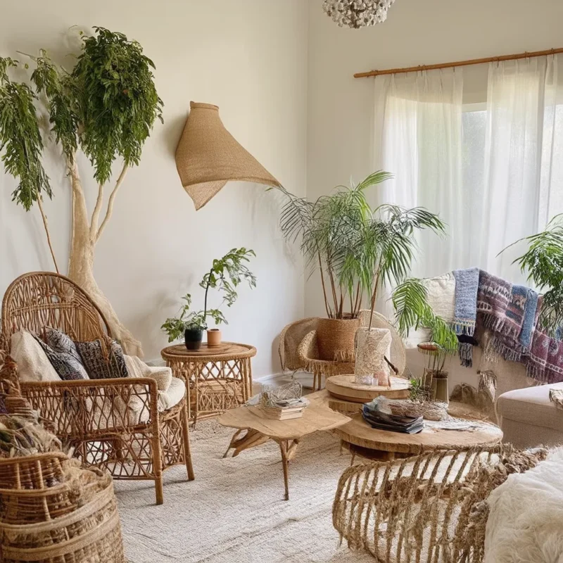 A boho-style living room featuring woven rattan furniture, natural wooden tables, lush plants, and light streaming through a large window with sheer curtains. Cozy blankets and ethnic-patterned cushions add warmth to the space.