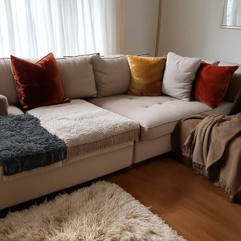 Un divano componibile beige con cuscini vivaci e morbide coperte drappeggiate, abbinato a un tappeto di peluche in un salotto accogliente e ben illuminato.