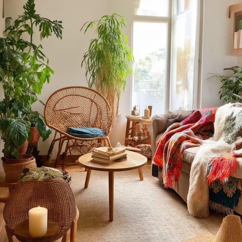 A cozy boho living room featuring a rattan chair, wooden coffee table, and several lush plants. The room is warmed by colorful, patterned throws and blankets on the sofa, with soft light streaming through a large window.