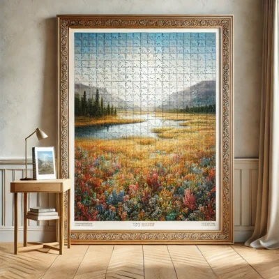 vA large framed jigsaw puzzle of a colorful landscape hanging on a light-colored wall, showcased as an elegant piece of art in a well-lit room.