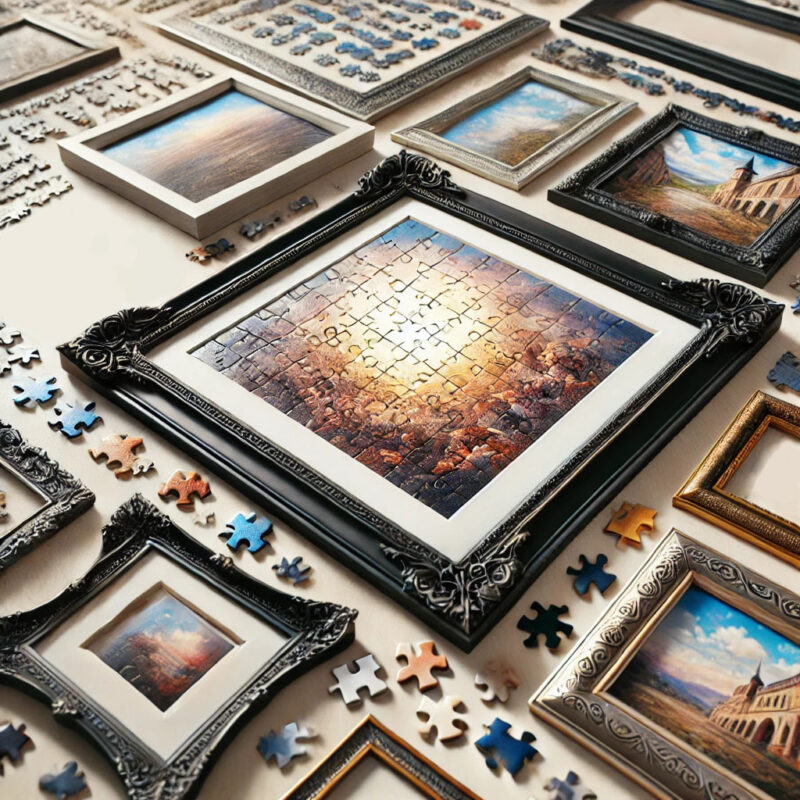 A variety of frames laid out on a table around a partially completed jigsaw puzzle, showcasing different styles from simple black borders to ornate designs.