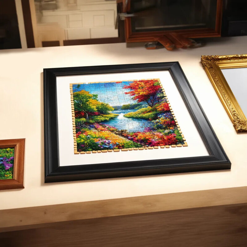 A colorful jigsaw puzzle framed in a black frame, featuring a serene landscape with a river, trees, and vibrant flowers. Other frames are visible around it, including a gold ornate frame.