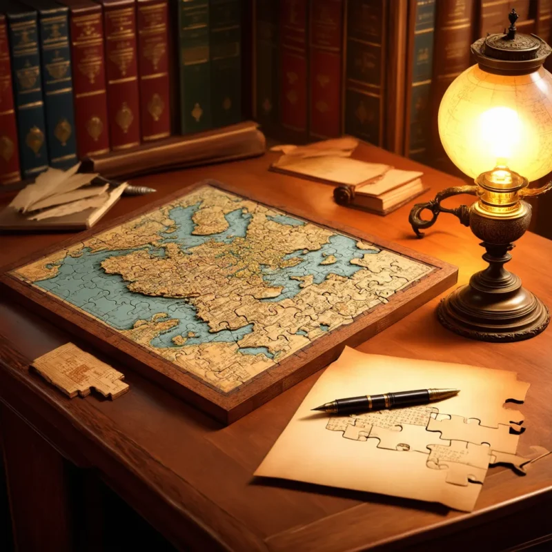 A vintage wooden puzzle depicting a detailed map of Europe, partially completed on a wooden desk with a lit antique lamp, parchment papers, and a pen. The background features a collection of classic leather-bound books.