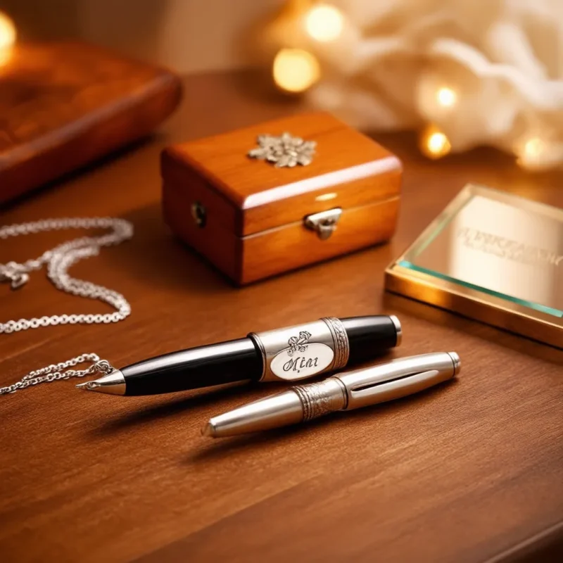 Engraved luxury pen set, wooden jewelry box, silver necklace, and engraved glass plaque on a wooden table.