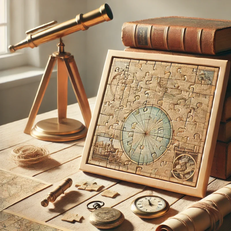 A partially assembled vintage wooden puzzle depicting a historical map, displayed on a wooden table with a brass telescope, pocket watch, and leather-bound books in the background.