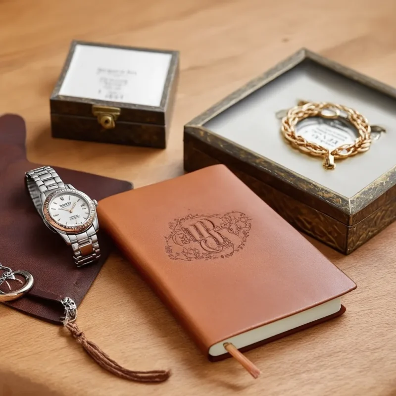 Carnet de notes en cuir gravé, montre-bracelet et boîtes à bijoux personnalisées présentés sur une table en bois.