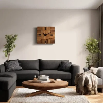 A bright, stylish living room with a wooden wall clock mounted on a light-colored wall, showcasing modern decor with warm wood accents.