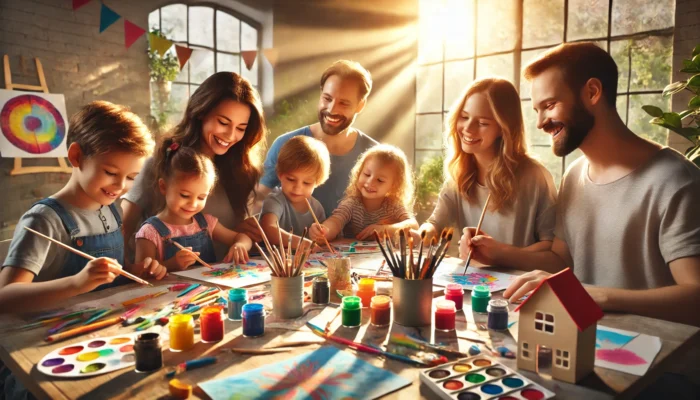 A photorealistic image of a cheerful family gathered around a table in a bright, sunlit room, working together on a colorful art project with paints, brushes, and craft supplies.