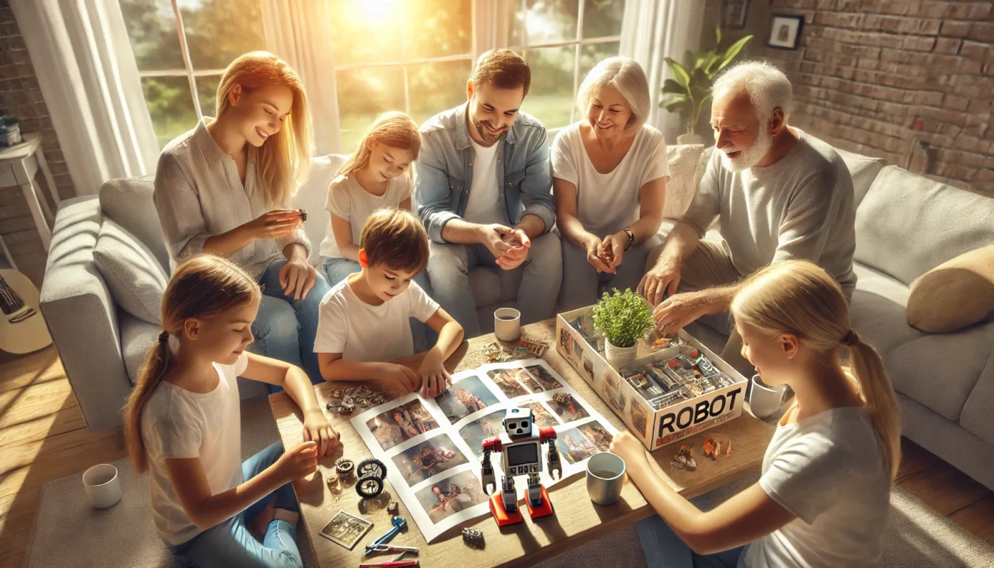 A photorealistic image of a happy family gathered in a bright living room on a sunny afternoon, working together on a robot model and scrapbook.