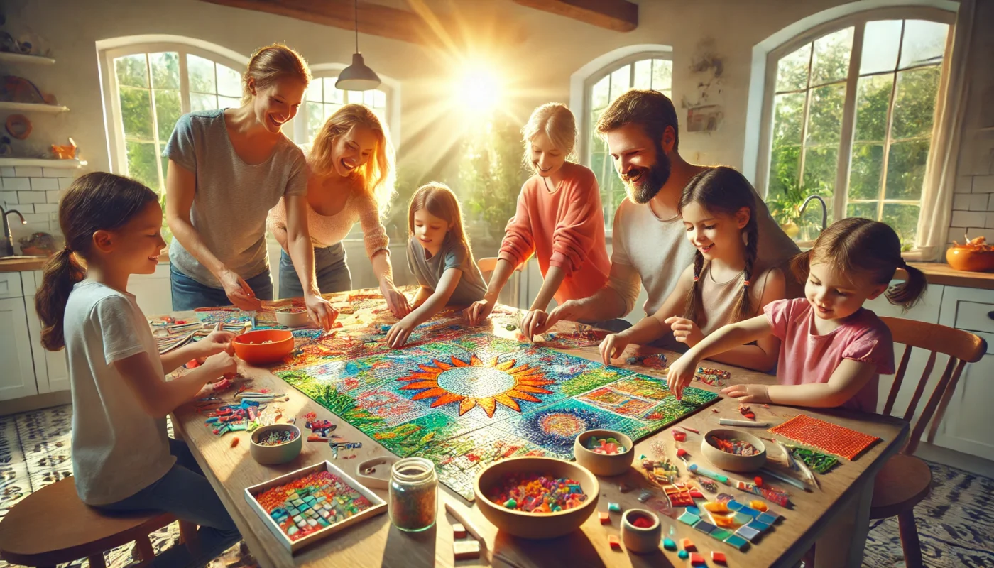 A photorealistic image of a family joyfully gathered around a large kitchen table in a bright, sunlit room, working together on a colorful mosaic art piece.