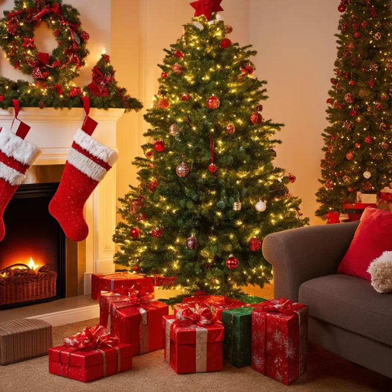 A cozy living room decorated for the holidays with a Christmas tree, gifts, stockings, and festive ornaments.