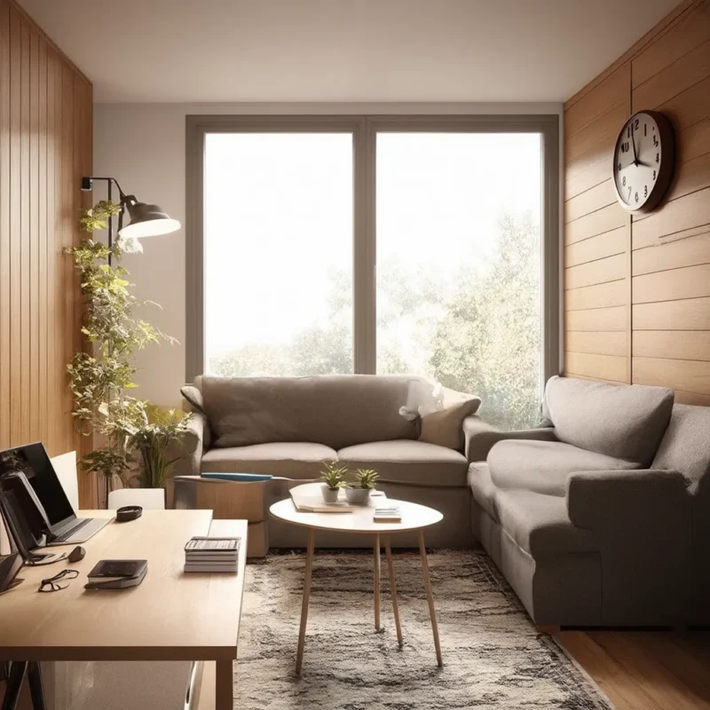 A cozy, well-lit living room and workspace combination featuring a wooden wall clock, a light wooden desk with a laptop, grey sofas, a coffee table with plants, and large windows allowing natural light to fill the room.