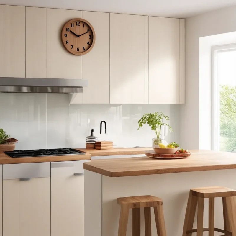 A modern kitchen with light-colored cabinetry and a wooden wall clock mounted above the stove. The space features a wooden countertop with matching bar stools and green plants, creating a bright, welcoming atmosphere.