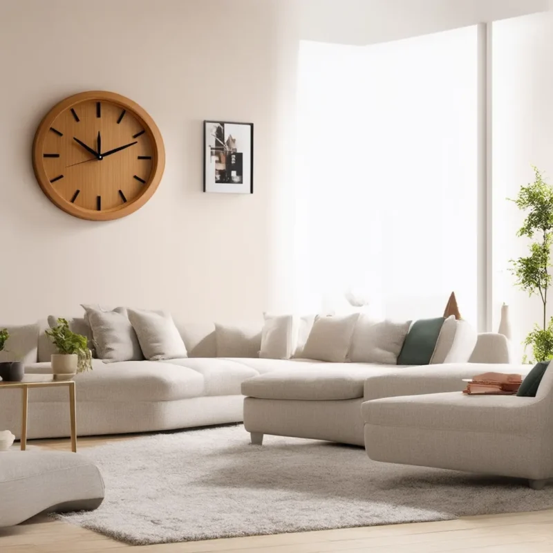 Un salon moderne et lumineux avec une grande horloge murale en bois fixée sur un mur de couleur claire, un canapé sectionnel blanc confortable, un tapis moelleux et des plantes vertes luxuriantes qui apportent chaleur et style à l'espace.