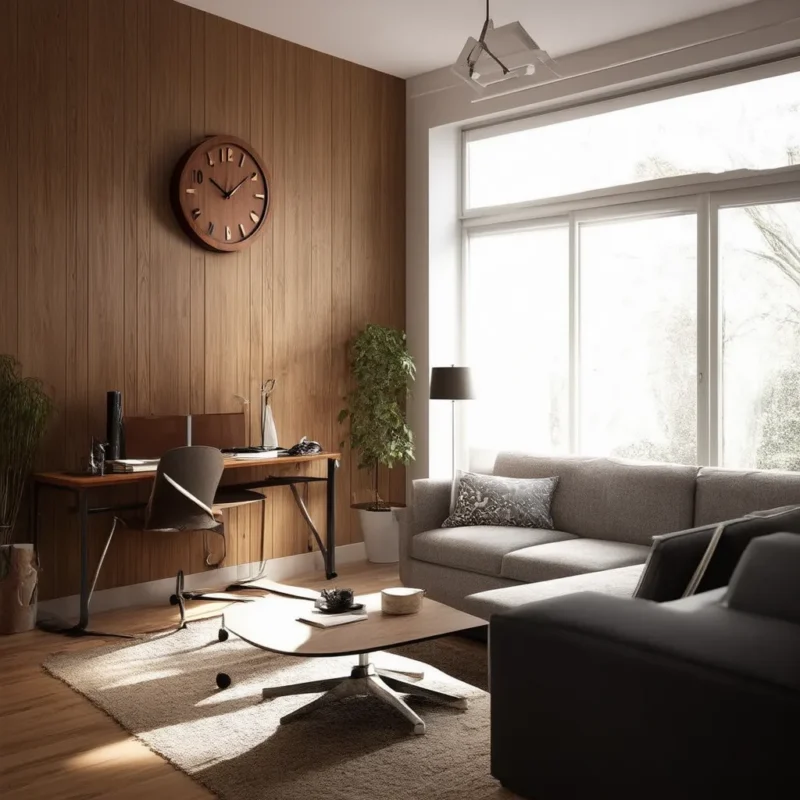 A modern living room with a workspace featuring a wooden wall clock mounted on a wood-paneled wall. The room includes a sleek desk, a grey sofa, a coffee table, and large windows letting in natural light.