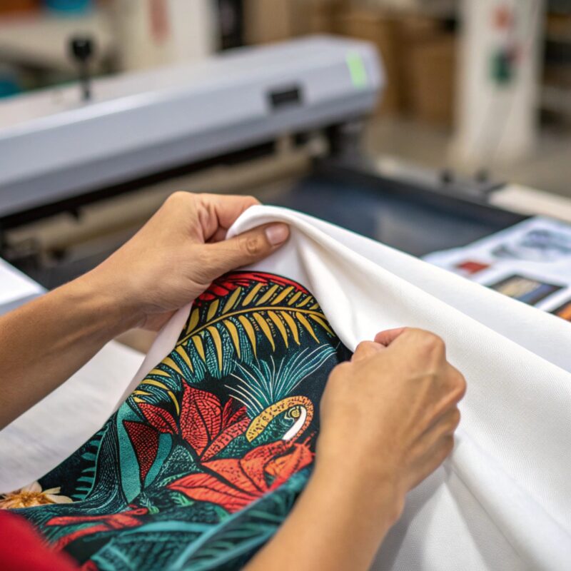 Close-up of a person’s hands gently holding a T-shirt with a vibrant tropical design, in a workspace with a heat press machine in the background.