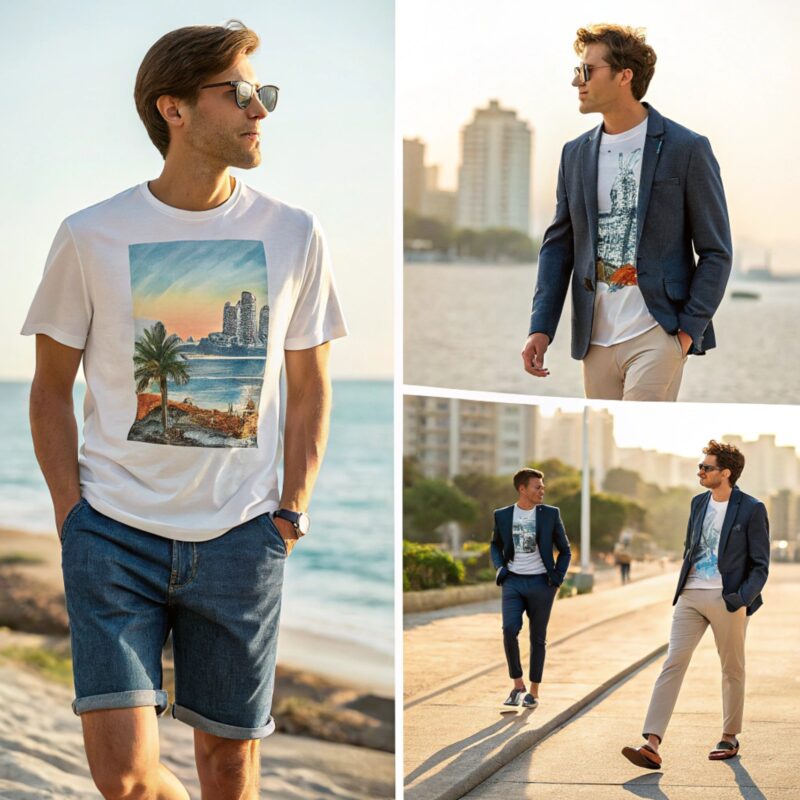 A collage featuring a man in a casual beachside outfit with a printed T-shirt and denim shorts, transitioning to semi-formal looks with blazers over graphic tees, strolling along a scenic waterfront.