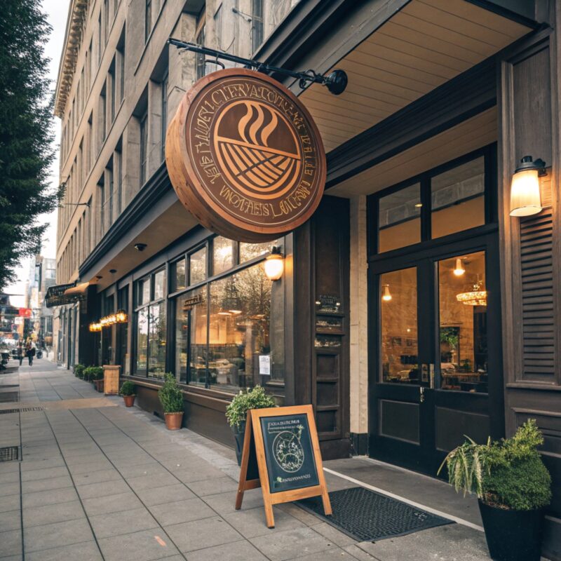 A street view of a cozy cafe with a circular wooden sign featuring a steaming bowl icon and decorative text, surrounded by large glass windows and potted plants.