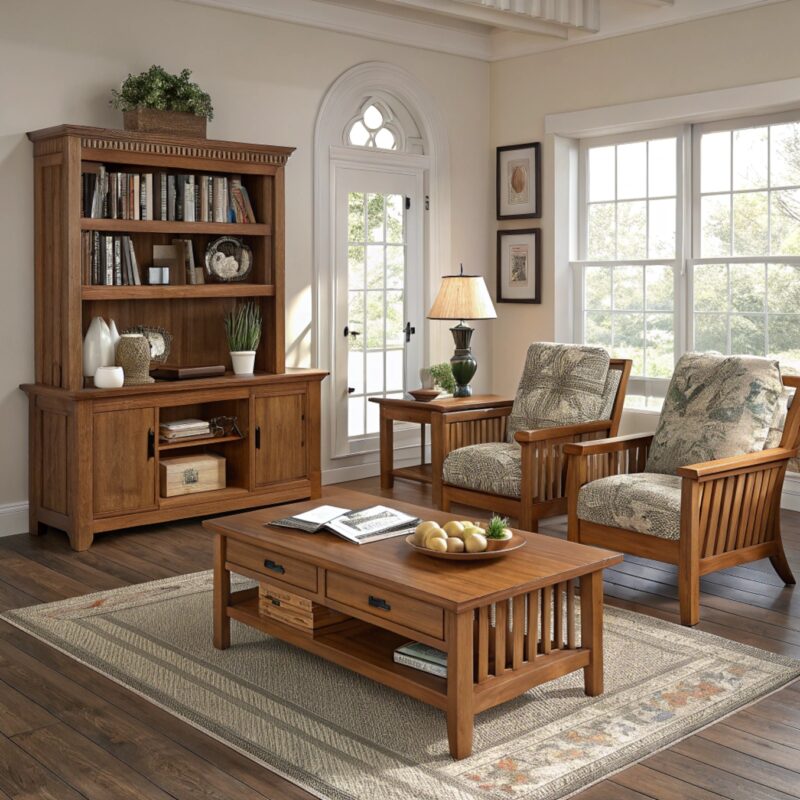 Traditional living room with wooden furniture, bookshelves, and large windows.