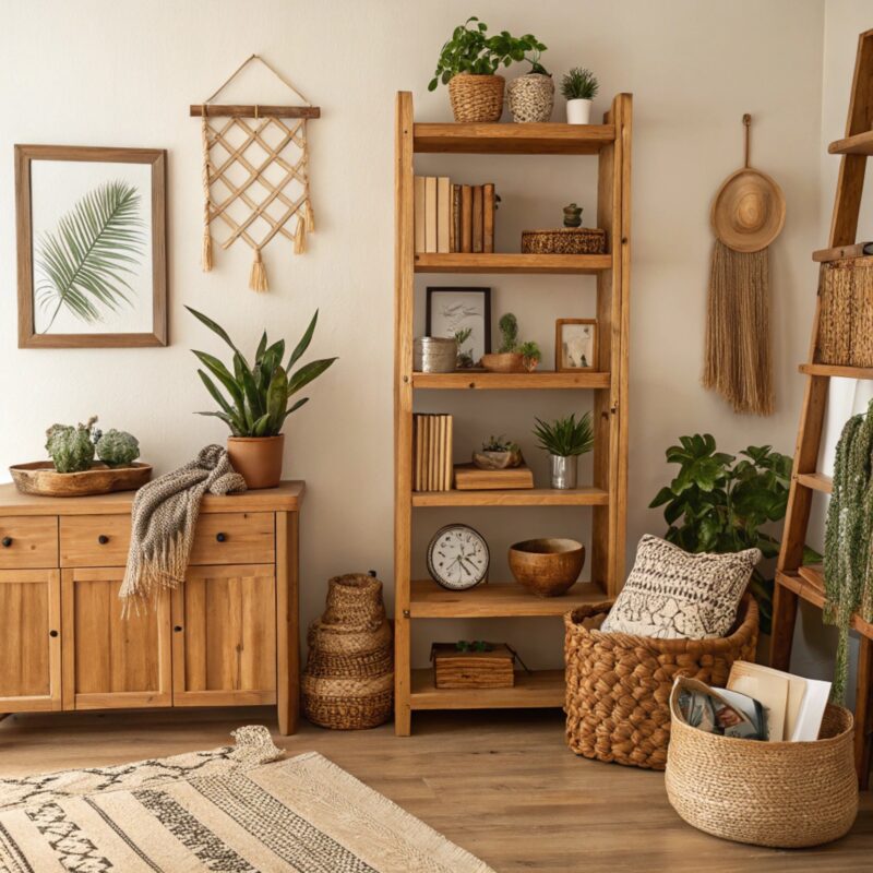 Cozy home interior with wooden furniture, shelves, potted plants, woven baskets, and natural decor elements, creating a warm, inviting atmosphere.