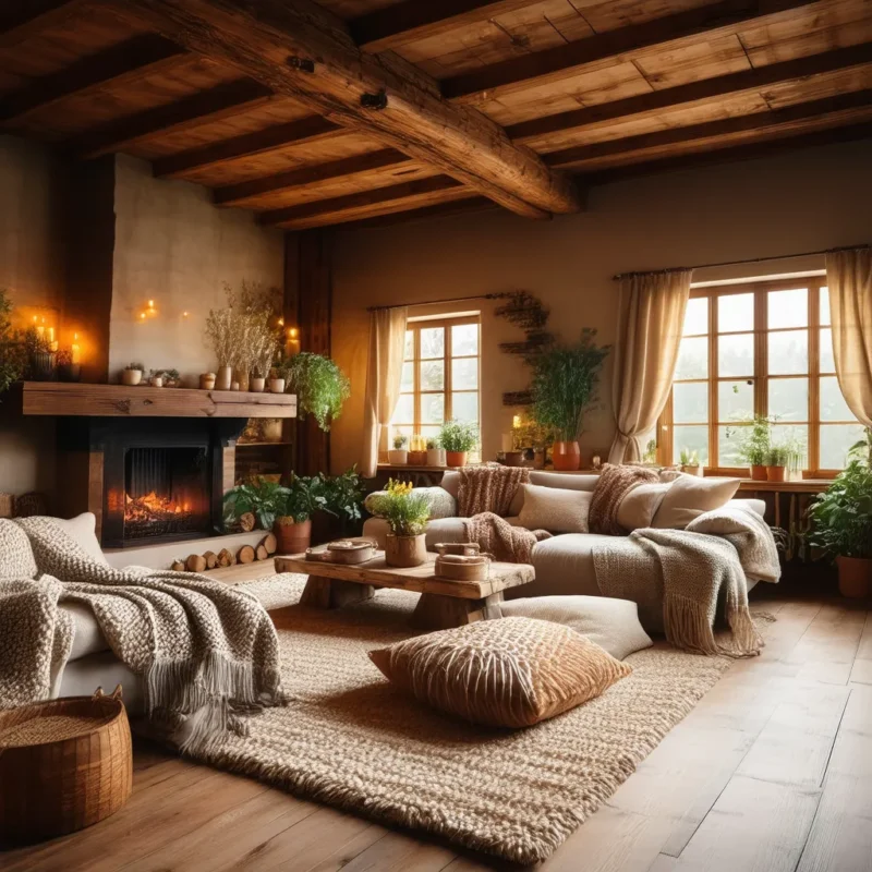 Warm and cozy rustic living room with a large fireplace, wooden beams, and comfortable seating.