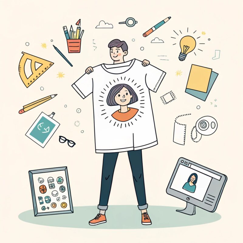 Illustration of a person holding a T-shirt with a portrait print surrounded by various art and design tools.